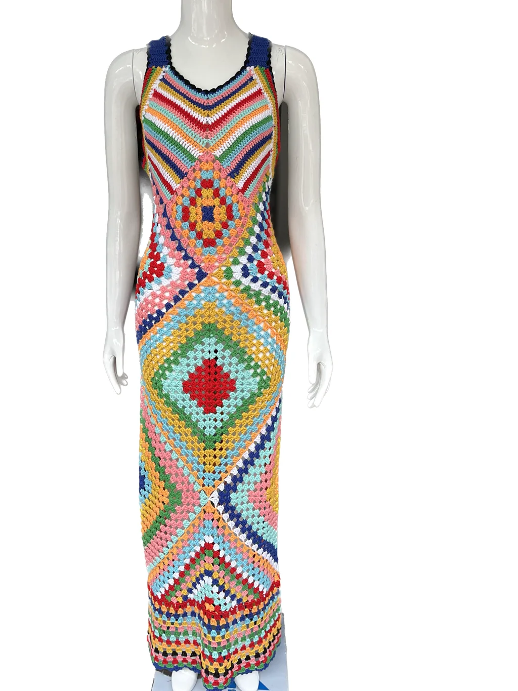 Summer Boho Handmade Crochet Maxi Dresses for Women Colorful Racerback Sexy Cover Up Long Knit Bora Dress Vacation Clothing