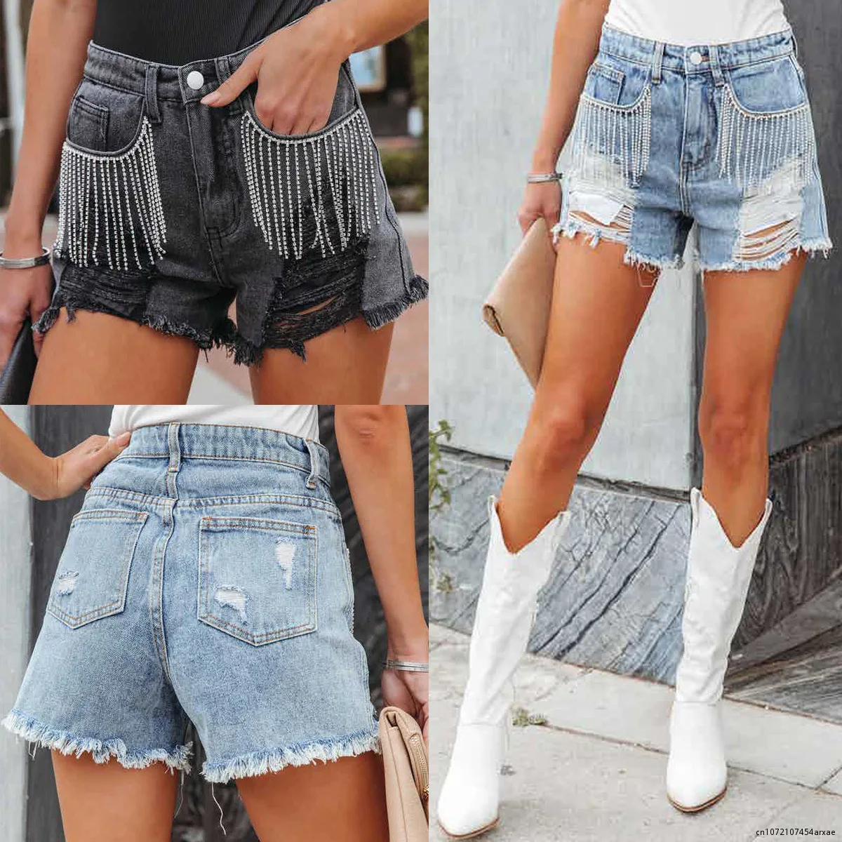 

Womens Tassel Ripped Denim Shorts Fashion Frayed Raw Hem Fringed Short Jeans Hot Pants Summer Woman's Casual Clothing