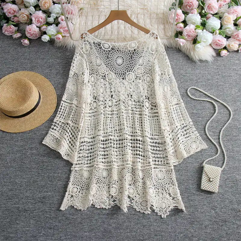 Holiday Beach Hollow Out Long Lace Top Women Summer Boho Cover-Ups Korean Style Long Sleeve Beige White Crochet Top