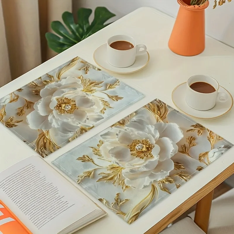 VIKAMA Peony Floral Placemats Elegant White‑Gold Linen Table Mats Heat‑Resistant Washable for Farmhouse Dining Kitchen Decor