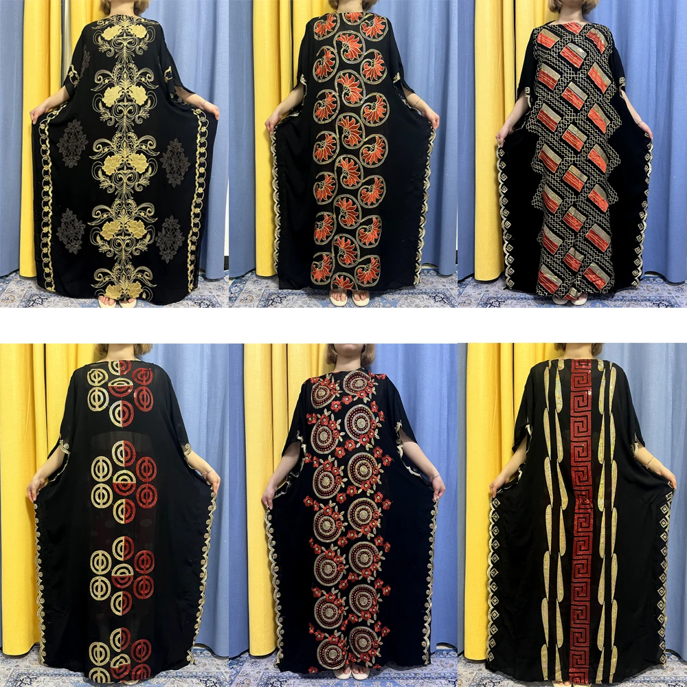 Abayas-vestidos negros de tul con lentejuelas para mujer, vestidos sueltos africanos de red con cuello redondo, Islam musulmán, Jilbab, caftán marroquí con Hijab