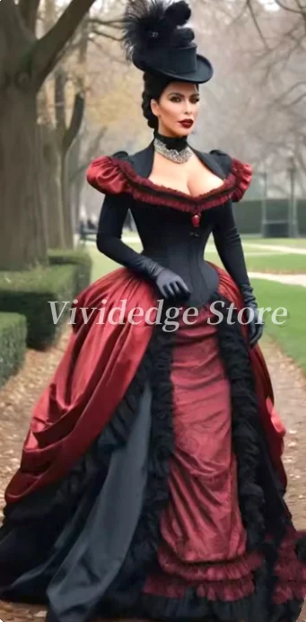 Maßgeschneiderte Vintage Gothic Schwarz und Rot viktorianische Ballkleider Korsett Langarm Rücken Riemchen Abendkleider Partykleider