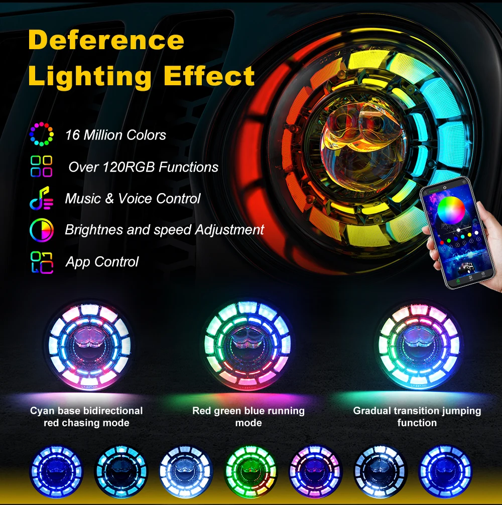 Hot selling：7'' Round LED Headlights RGB Halo DRL Turn Signal APP Control 121 Color Mode LED Headlamp For  Wrangler JK TJ CJ