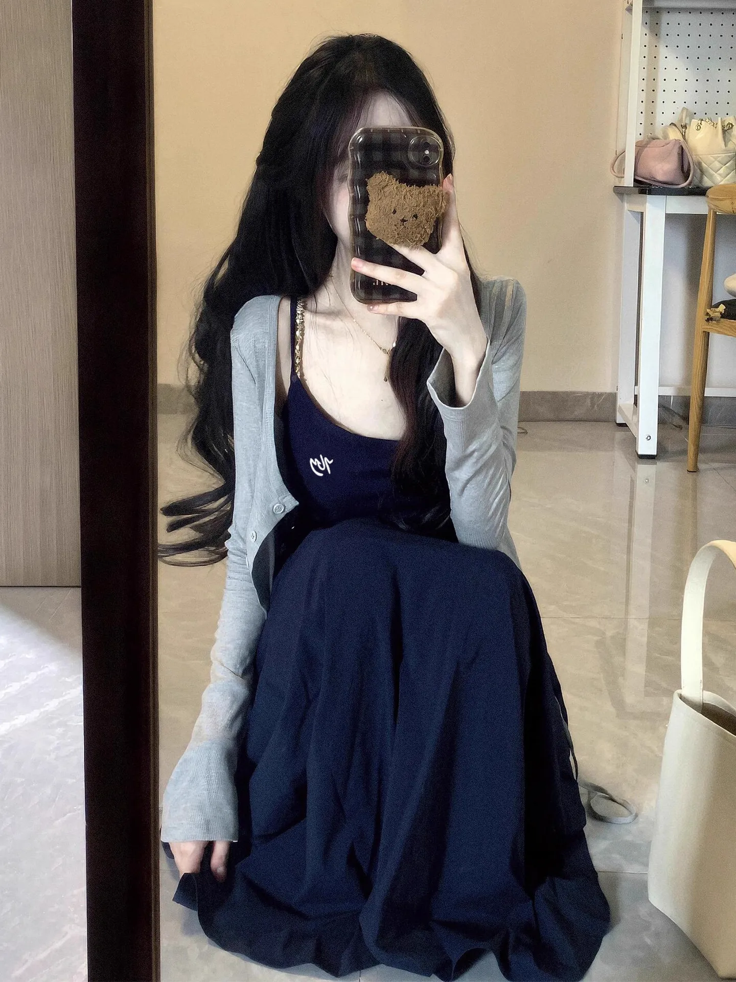 

Fashion Women's Set Spring/Summer Korean Edition Grey Cardigan Blue Strap Dress Two Piece Set