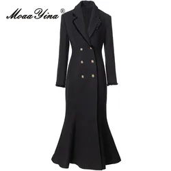 MoaaYina Autumn/Winter Designer Coat Women Notched Fashion Double breasted Long-Sleeved Black Slim Fit S-3XL Long Overcoat