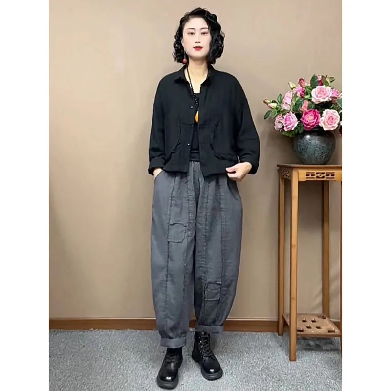 Autumn New Harun Pants Suit 2026 Women's Casual Big Pocket Lapel Solid Color Coat Age-reducing Cover A Whole Set Foreign Style