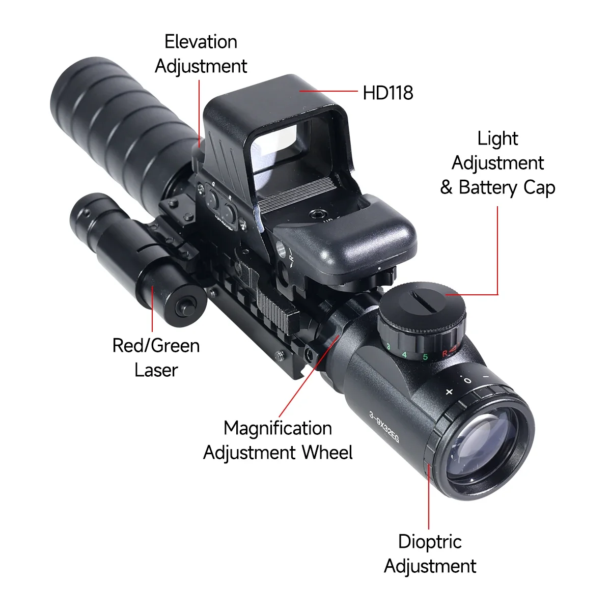 3-9x32EG Scope Red/Green Illuminated 4 Reticle Holographic Red Dot Sight with Laser Rangefinder Tactical Hunting Combo