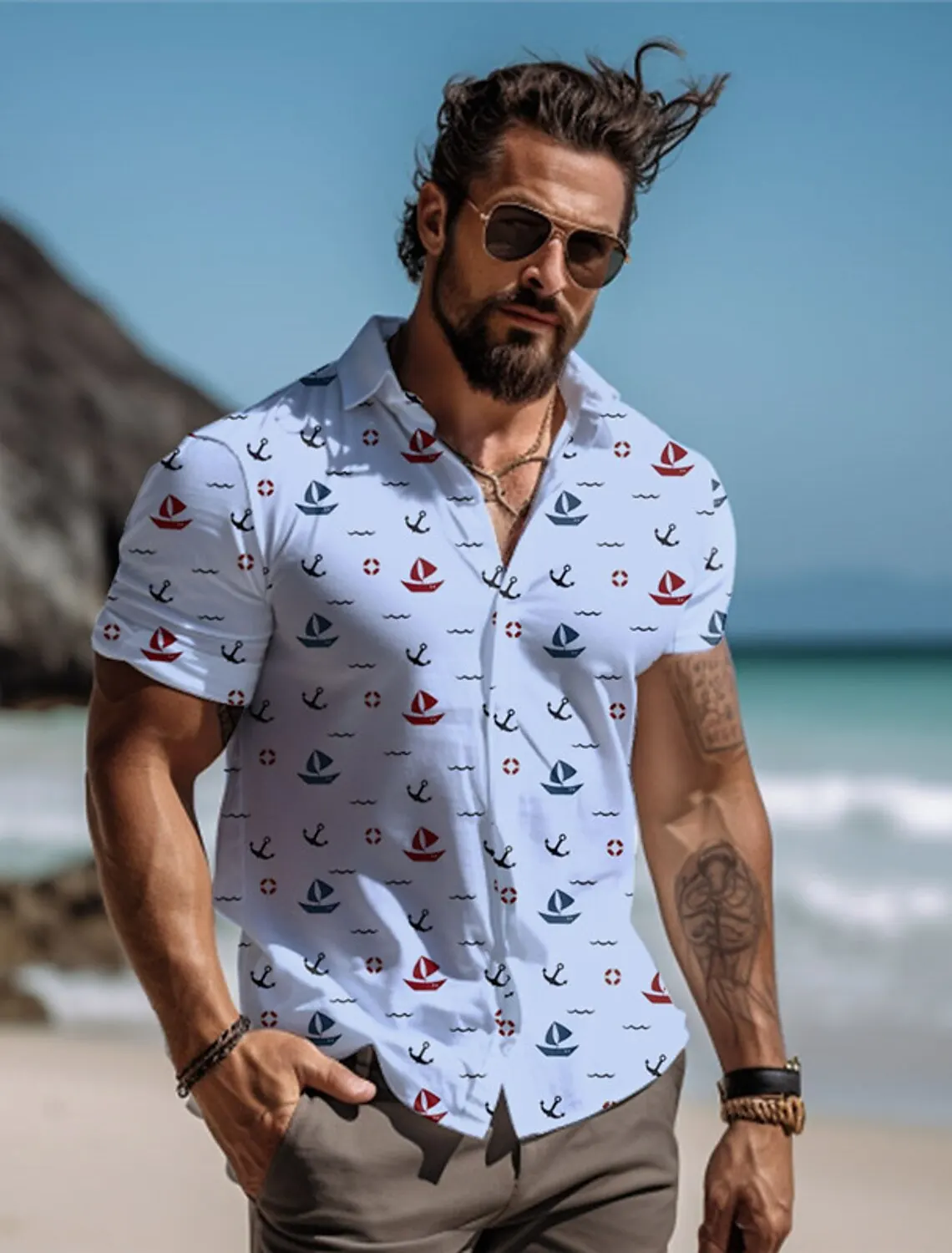 Sailboat Men\'s Resort Hawaiian 3D Printed Shirt Button Up Short Sleeve Summer Beach Shirt Vacation Daily Wear S TO 5XL