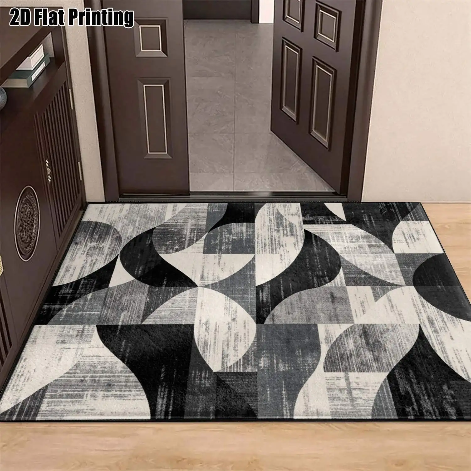 1Pc 2D Printed Carpet: Black, White, Gray Abstract Geometric Patterns Nordic, Modern Minimalist, Instagram, Vintage Geometric Striped Floor Mat, Home Decor, Multi-Size, Machine Washable. For Living Room, Bedroom, Dining Room, Entrance, Study.