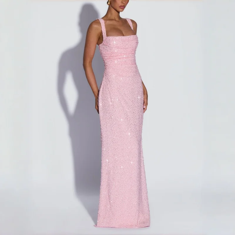 

Customized Sequin Sparkly Sexy Square Neck Maxi Dress Lace-Up Bow Pleated Slim Fit Robe Graduation Prom Elegant Party Dresses