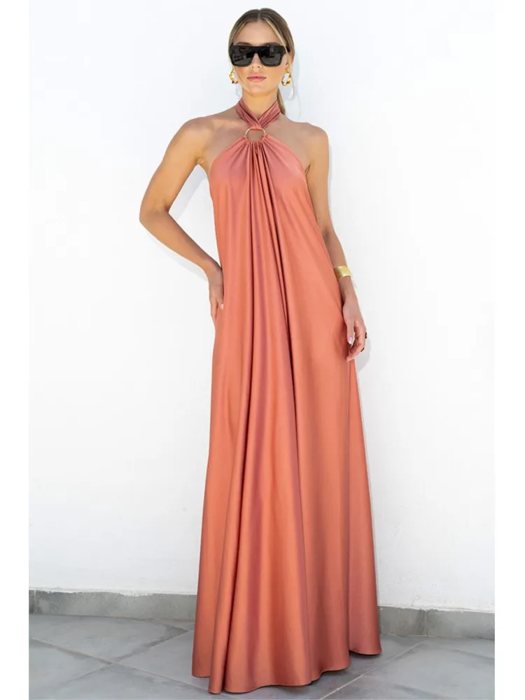 

Party Dresses For Women Loose Halter Neck Leace-Up Backless Sexy Satin Evening Dress A-Line Summer New Fashion Elegant Vacation