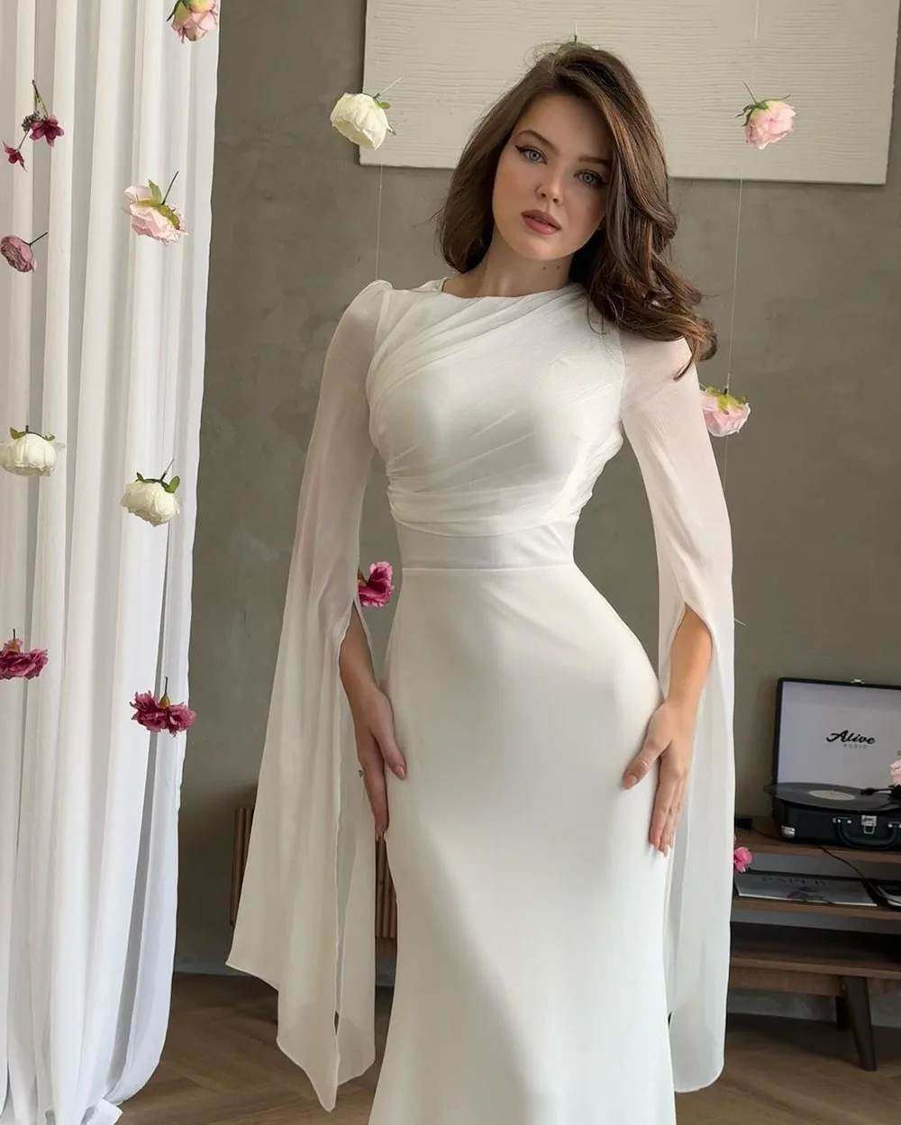 SoDigne Arabic Mermaid Evening Dresses For Women 2024 O Neck Formal Dress with Sleeves Long Wedding Guest Prom Party Gown