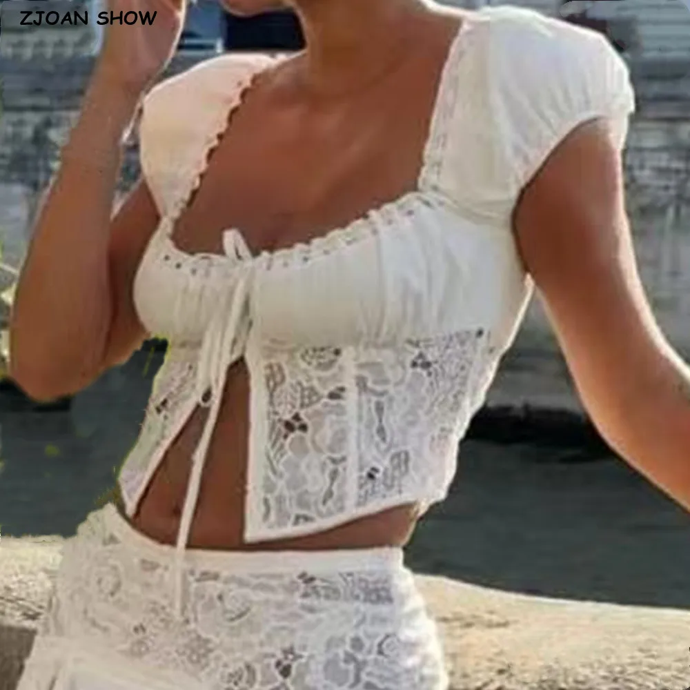 

Sexy White Embroidery Hollo out Lace Bow Ruched Chest Sexy Corset Women Summer Tank Tops Covered Hook Buttons Slim Crop Top