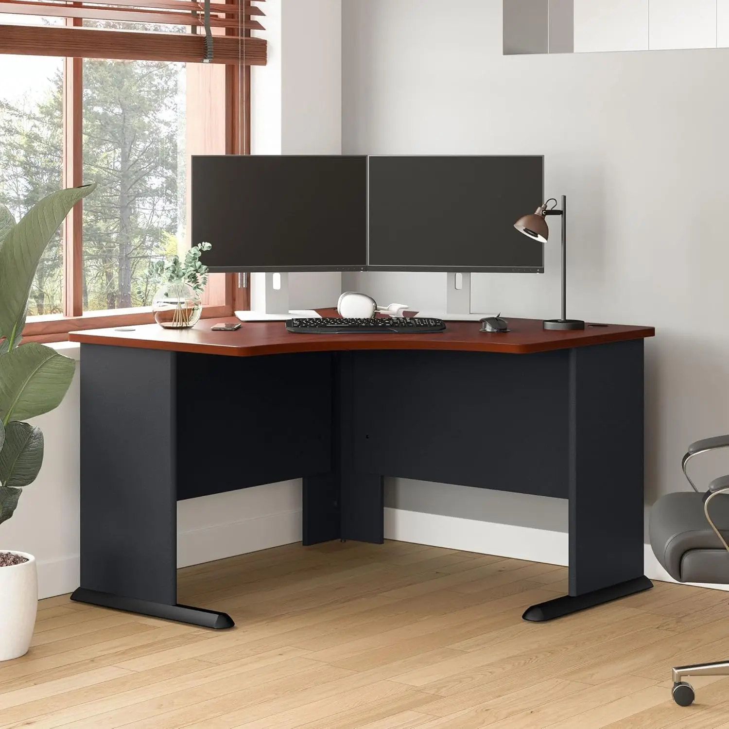 Furniture Series A 48W Corner Desk in Hansen Cherry and Galaxy, Small Computer Table for Home or Professional Offi