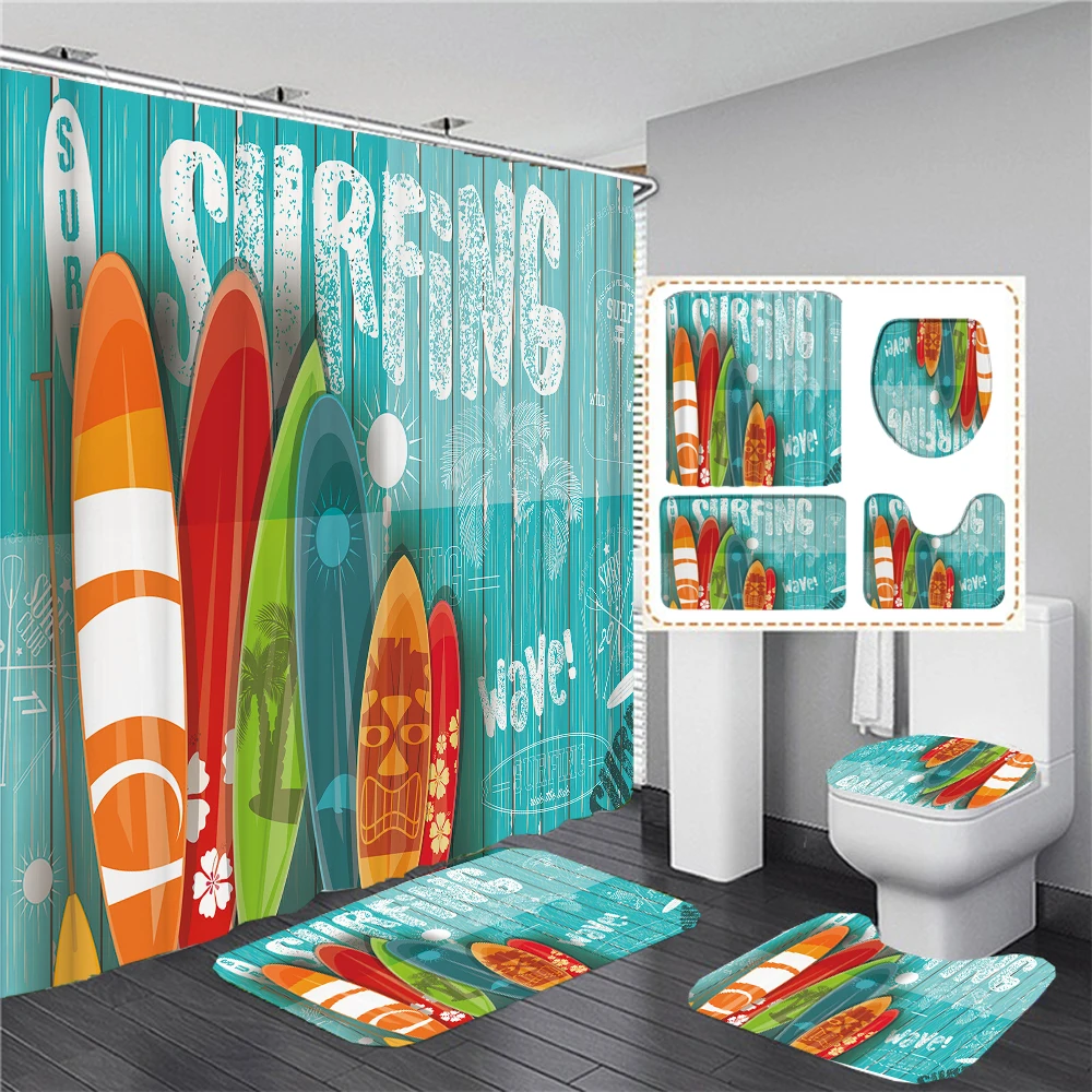 Beach Ocean Surfing Scenery 3D Printing Waterproof Shower Curtain Rug Lid Toilet Cover Bath Mat Bathroom Set with 12 Hooks