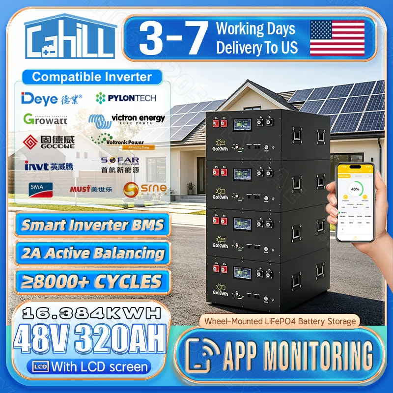 APP Control 48V 320Ah Lifepo4 Battery Pack 2A Active Balancing With LCD Screen Built-in 16S 200A Smart BMS 16.384kWh 51.2V Rechargeable Lithium Iron Phosphate Cell For RV Home Solar Energy Storage