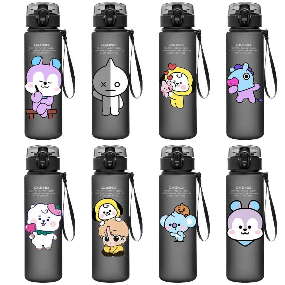 الكرتون لطيف BT21 560 مللي زجاجة ماء الرياضة شرب زجاجات الترشيح الوقت علامة في الهواء الطلق أكواب سعة كبيرة المياه الزجاج هدية