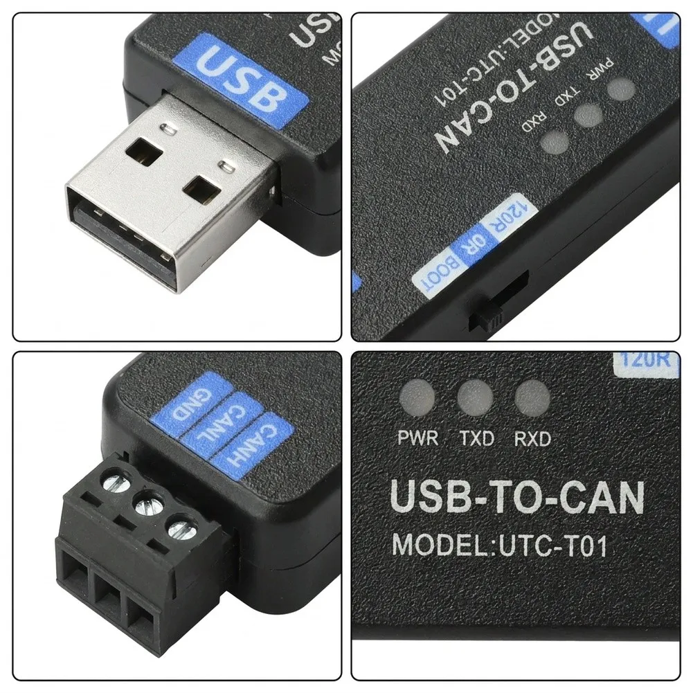 UTC-T01 USB CAN Interface Adapter Black Housing 7.3 cm x 2.3 cm x 1 cm for CAN Network Debugging and Integration