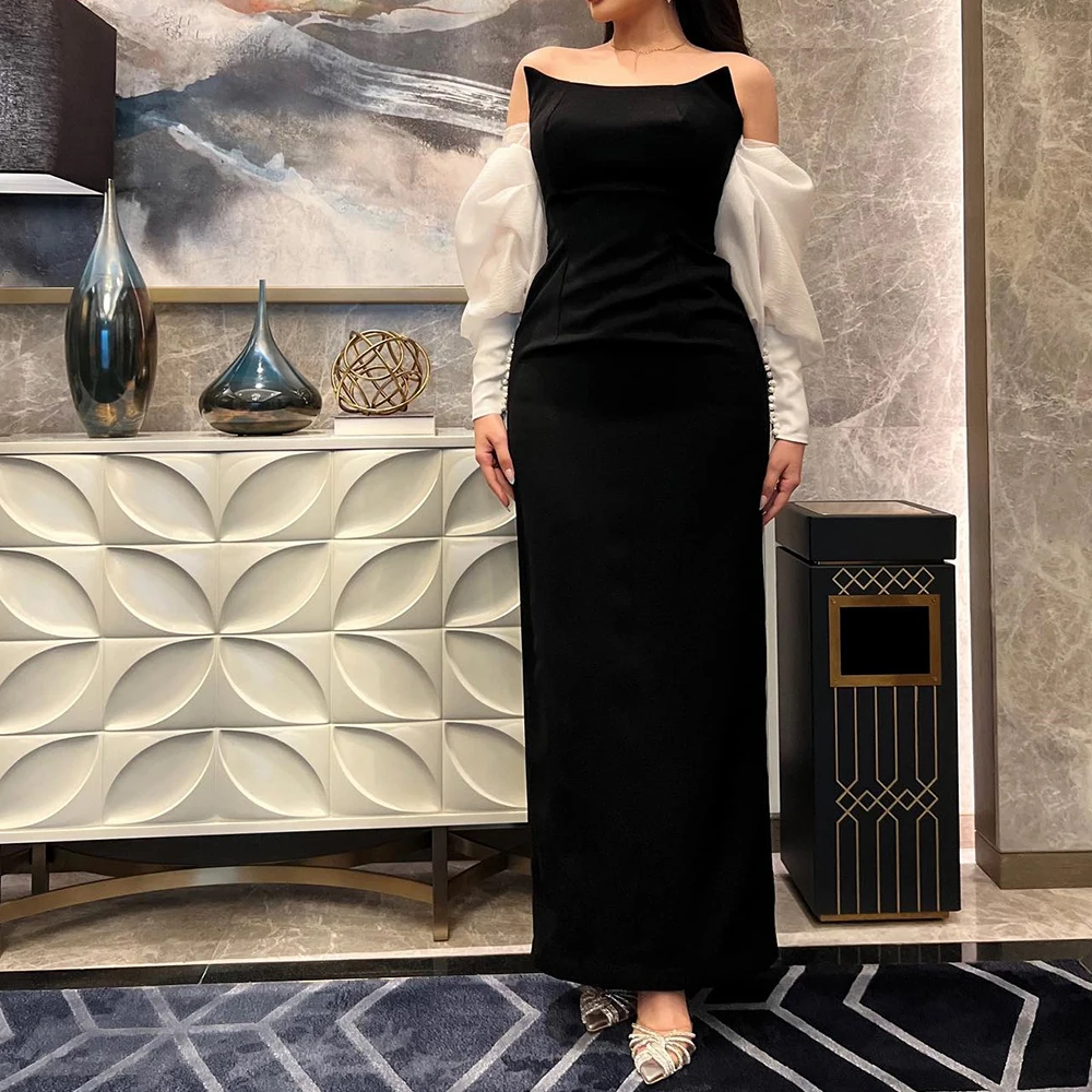 

Customized Jersey Straight Off the Shoulder Buttons Evening Dress Strapless Long Sleeves Floor Length Photo Color Fashion