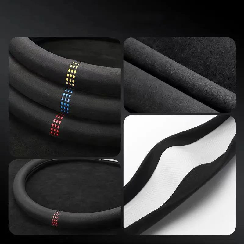 Car Steering Wheel Covers Cowhide Suede Steering Wheel Cover Wrap Universal 37-38cm Breathable Steering Covers Car Accessories