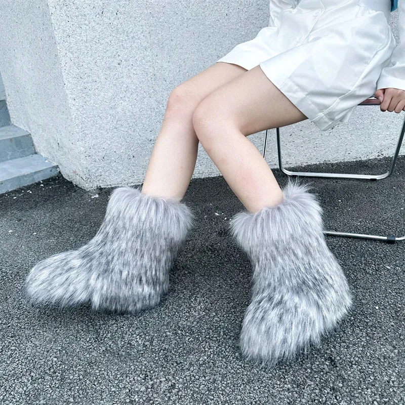 Fall Winter Womens Knee Mid Leg Boots Fuzzy Faux Fur Boots - Soft, Warm, And Comfortable Slip-on Design Furry Boots