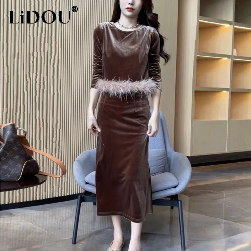 

Autumn Winter Elegant Fashion Plush Patchwork Top High Waist Bodycon Skirt Set Women Solid Pullovers Slit Bodycon Skirts Suit