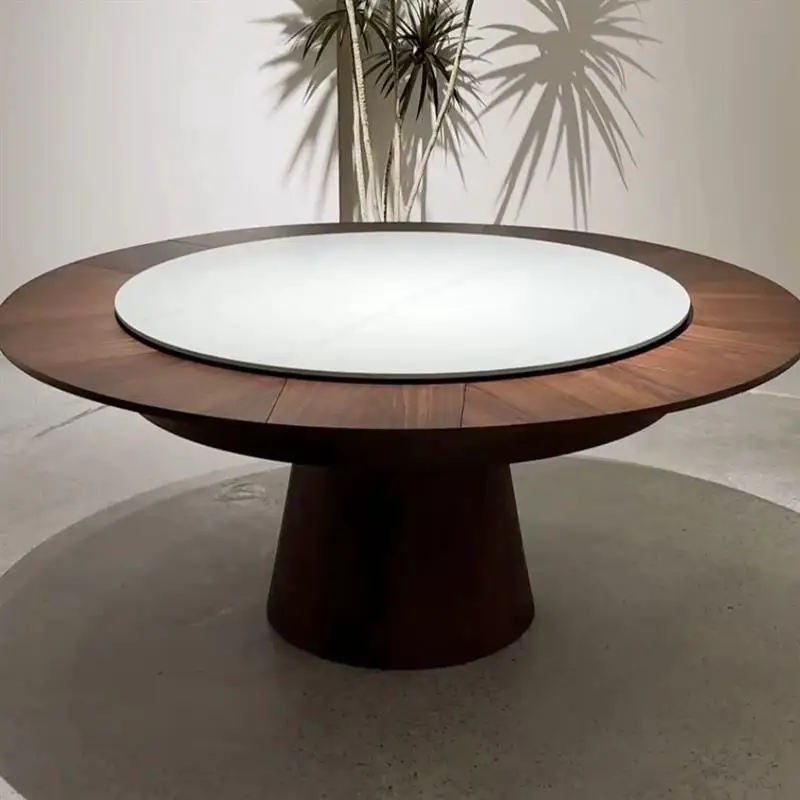 Slate rotating telescopic round dining table variable size round dining table walnut retro