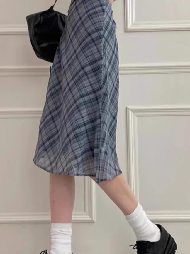 

Chic Plaid Skirt High Waist A-Line Midi Skirt Korean Sle Commute Spring New Arrival Women's Faion Premium Quali