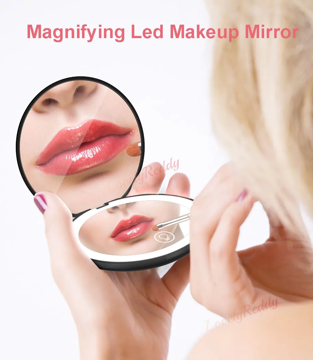 Mini Folding Cosmetic Mirror 1x 10x Magnifying Led Handheld Makeup Mirror Girls Compact Travel Round Led Beauty Mirrors