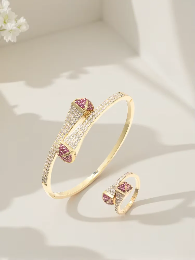 1 French color Zirconium cool air open vintage non-fading bracelet ring set for women