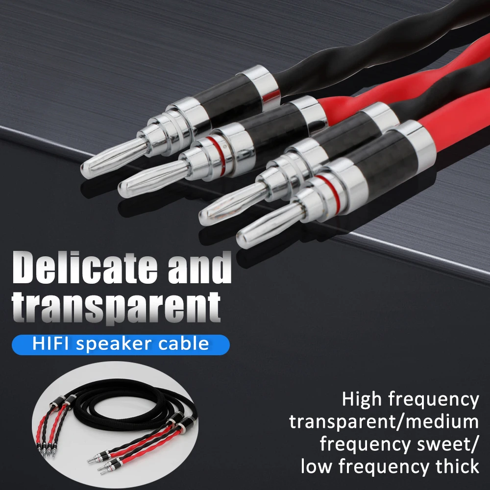 One pair High Quality OCC loudspeaker cable HIFI Carbon Fiber Banana Plug Black Braided 2 to 2 Rhodium plated banana Plug