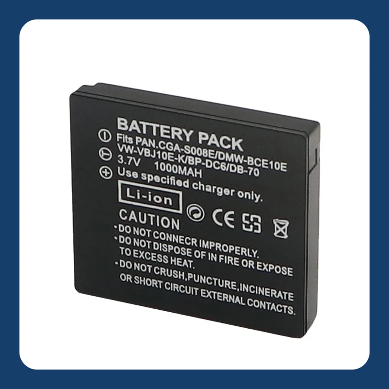 10 Stück 1000 mAh CGA-S008E/BCE10E/DB-70/BP-DC6 Akku für Panasonic Digitalkamera – wiederaufladbarer Li-Ionen-Überladeschutz