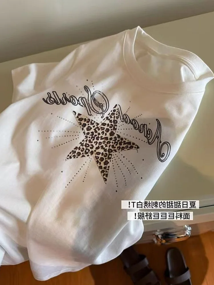 

American Street Style Star Embroidery Pure Cotton Short Sleeve T-Shirt Women Summer Loose Lazy Design Sense Upper Body
