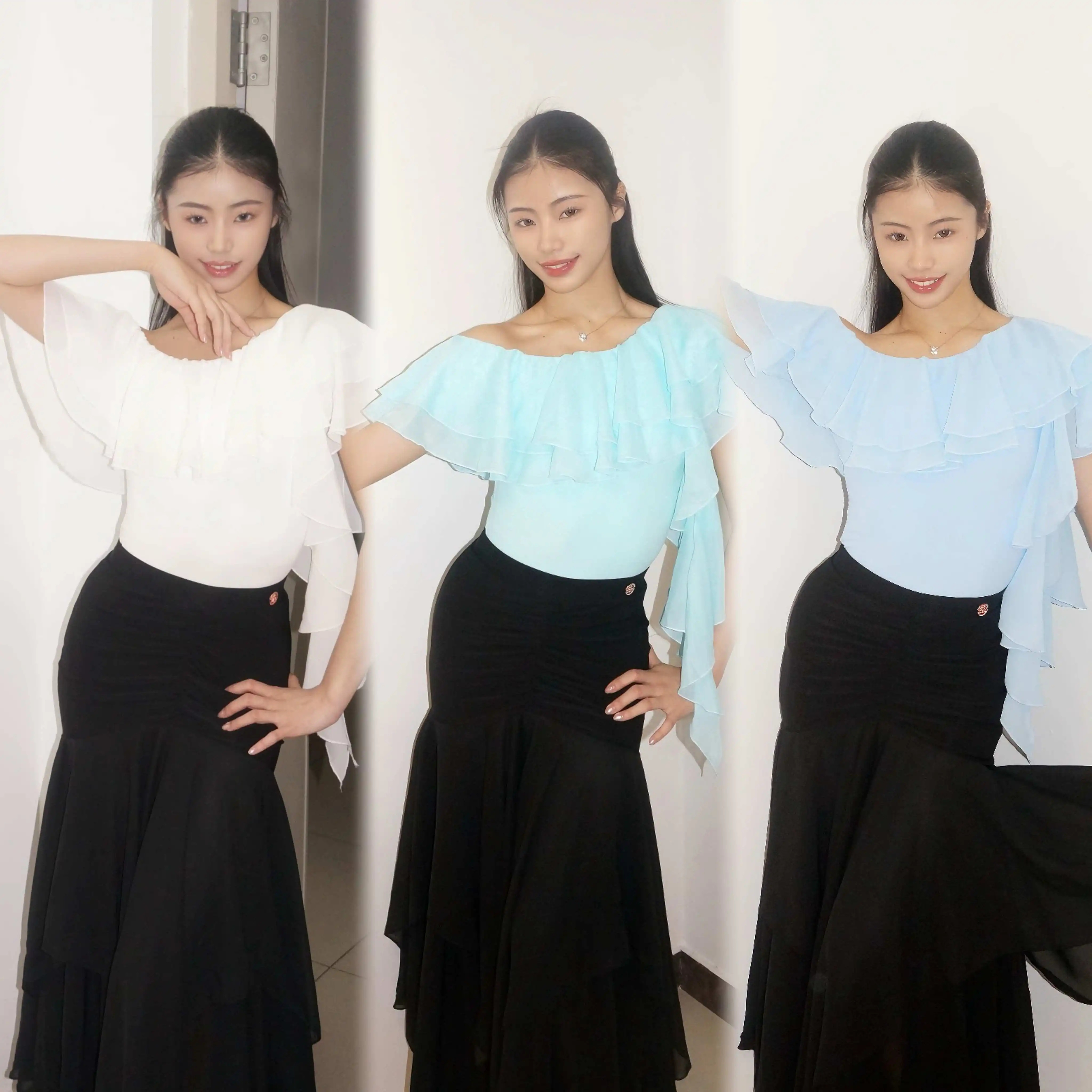 

Летняя одежда для бальных танцев, женская одежда для клубных танцев, танго, вальса, тренировочная одежда, топы с рюшами, черная длинная юбка, костюм для выступлений