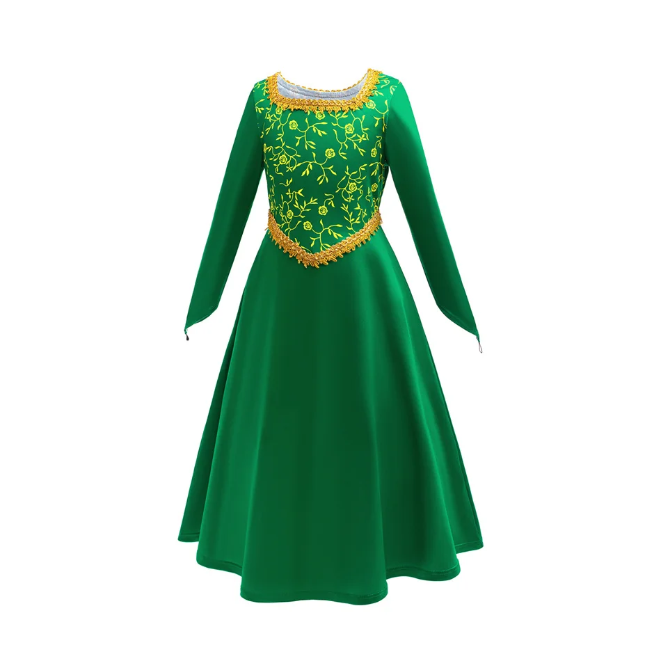 Girls Fairytale Ogre Princess Green Long Sleeve Dress With Red Braid Wig with Elf Ears Jewelry for Halloween Party Role Play