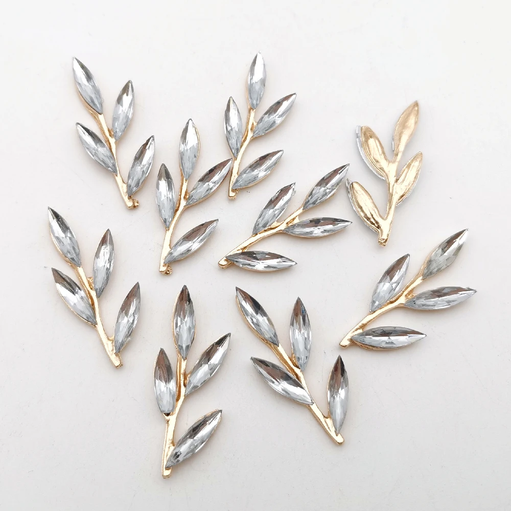 10/50 Pieces 37mm*15mm Metal Alloy KC Gold Crystal Rhinestone Leaf Branch Charms DIY Handmade Accessories For Jewelry Making