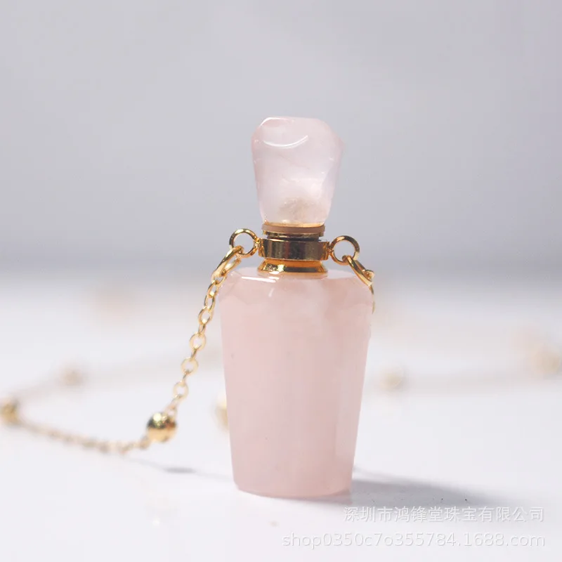 Natural Pink Crystal Perfume Bottle Pendant Sweater Chain Necklace Hollow Bottle Liquid Perfume Essential Oil Cinnabar Bottle