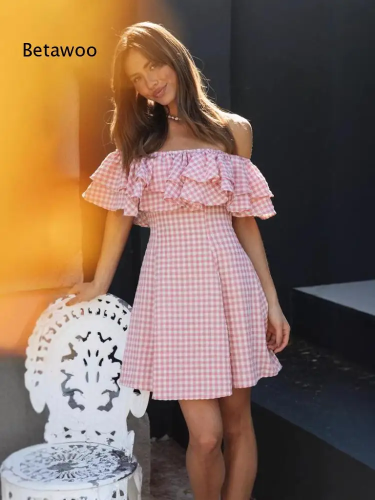 Women Off Shoulder Mini Dress Double Layer Ruffle Flounce Neckline A Line Short Dress for Vacation Casual Dating