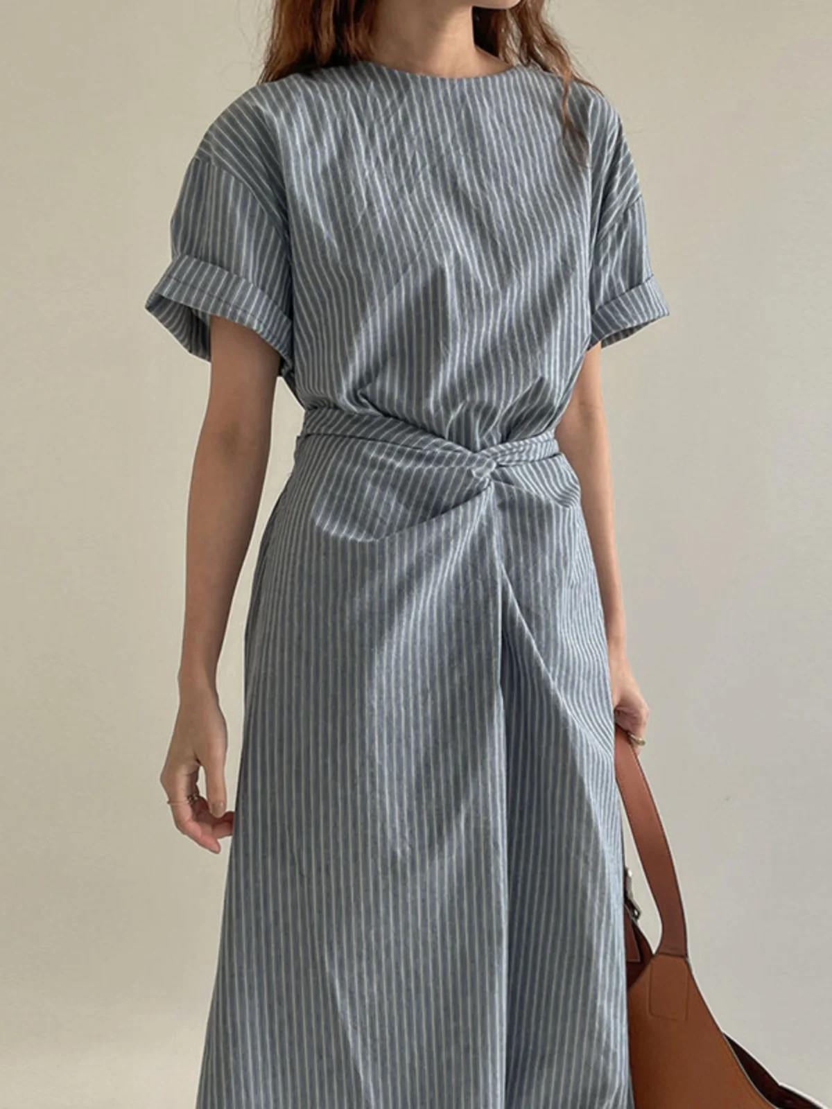 Clothland-vestido de lino y algodón a rayas para mujer, elegante vestido Midi de manga corta con fajas, cintura elástica, una pieza, QD804