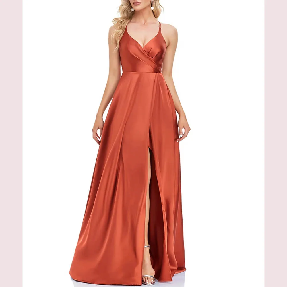 

Elegant High Slit Satin Formal Cocktail Party Prom Long Gowns Luxury Sexy V-neck Backless Evening Dress