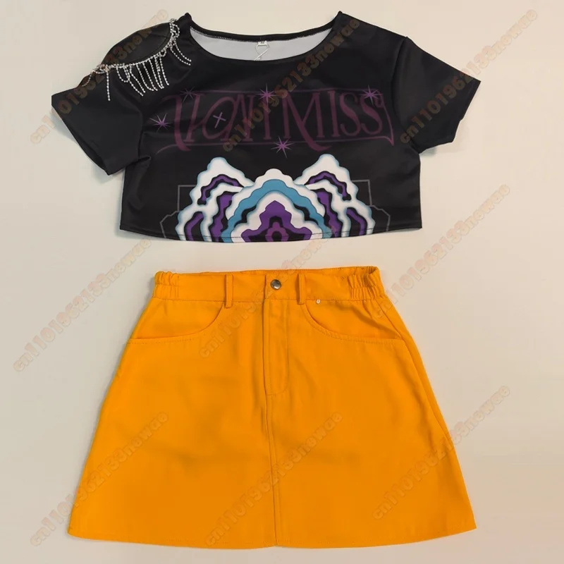 女性用アニメKPOPデーモンハンターズミラコスプレコスチュームセット、トップスカートイヤリング付き、ハントリックスユニフォーム、パーティーガールズカーニバルスーツ