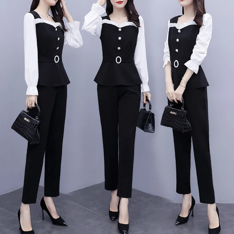 Patchwork Square Collar Women Fashion Pants Sets For Spring Autumn 2023 New Office Lady Elegant 2 Pieces Outfits Pantsuits