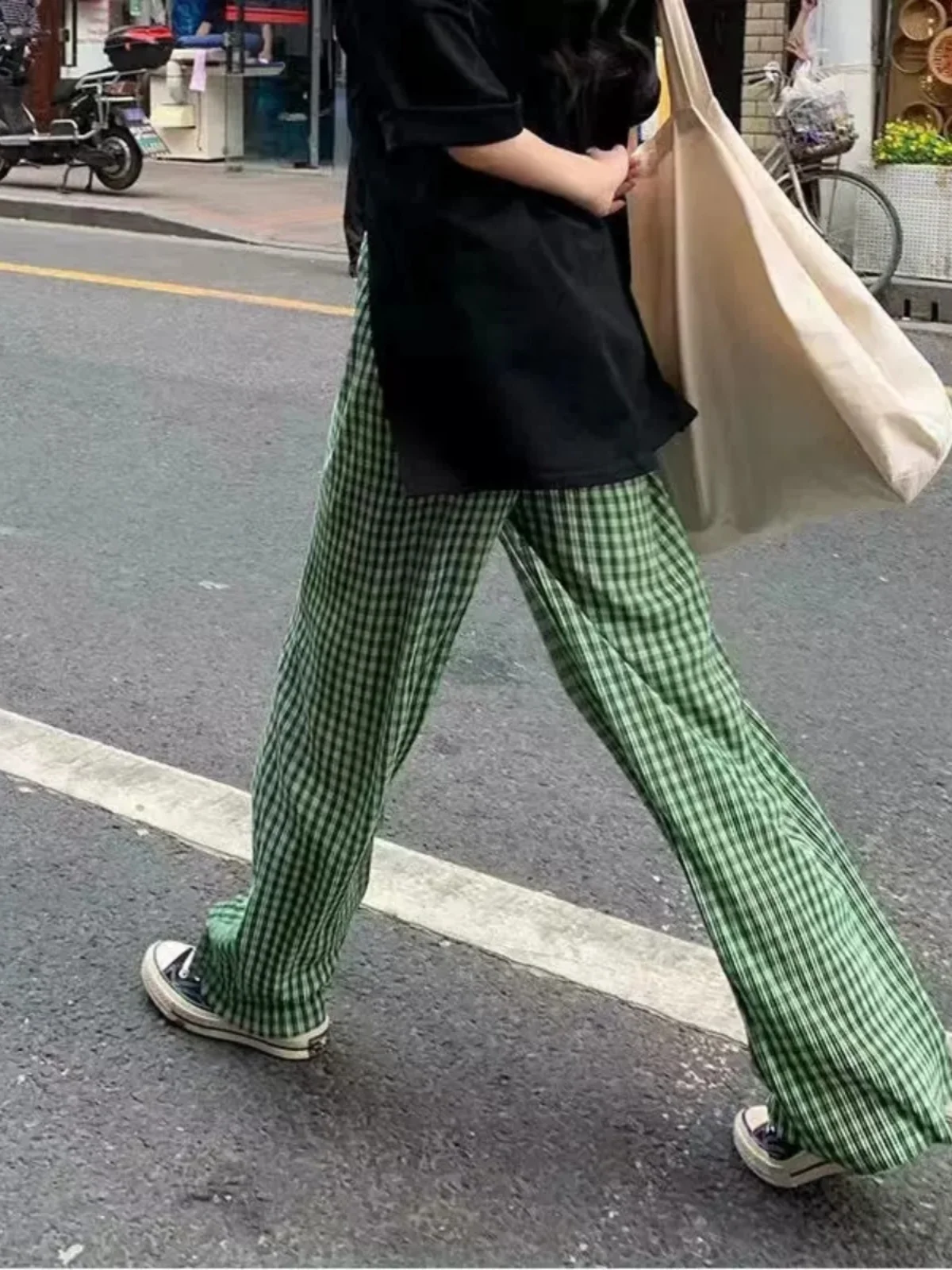 Lake een Ice Zijde Geruite Broek Dames Zomer Dunne Hoge Taille Gedrapeerde Zonwering Cool Rechte Casual Broek