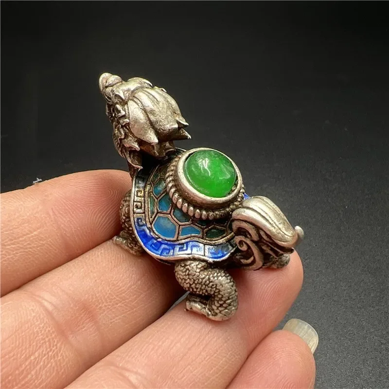Vintage Silver Dragon Turtle Figurine with Emerald Gem - Tea Pet Collectible Decorative Statue for Home Garden