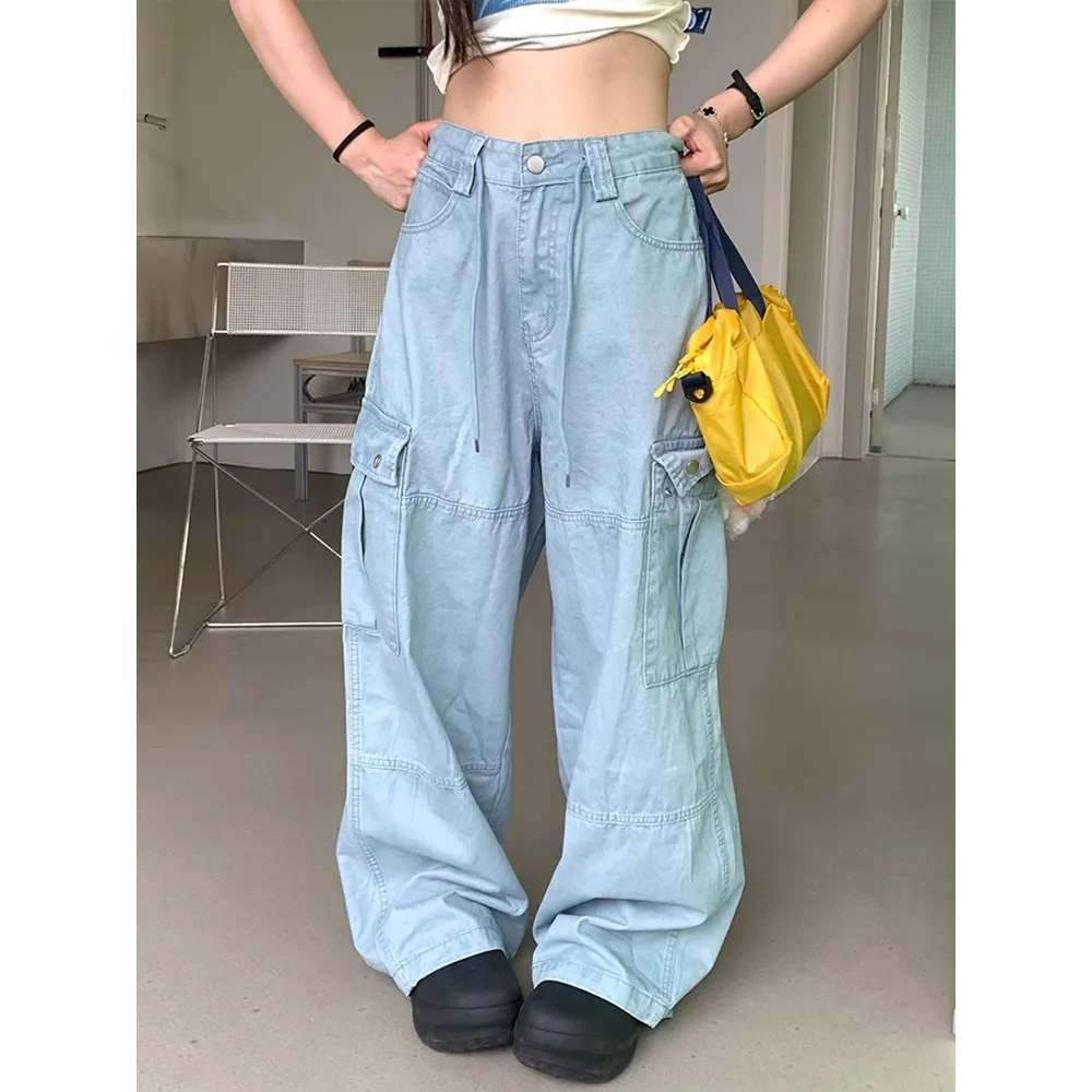 

Women's Blue Drawstring Work Jeans 2000s Y2k Hip-hop American High Waist Loose Slim Summer Thin Hot Girl Trendy Straight Pants