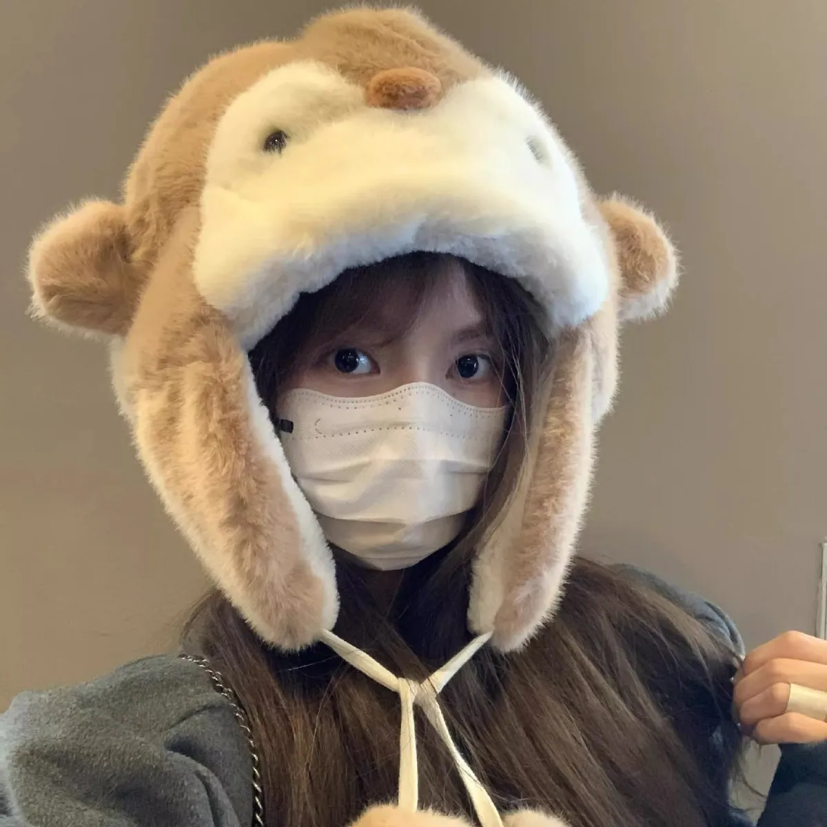 قبعة البطريق اللطيفة من القطيفة للسيدات للخريف والشتاء للحماية من البرد سميكة ودافئة لحماية الأذن تظهر الوجه قبعة تزلج صغيرة لركوب الدراجات #4