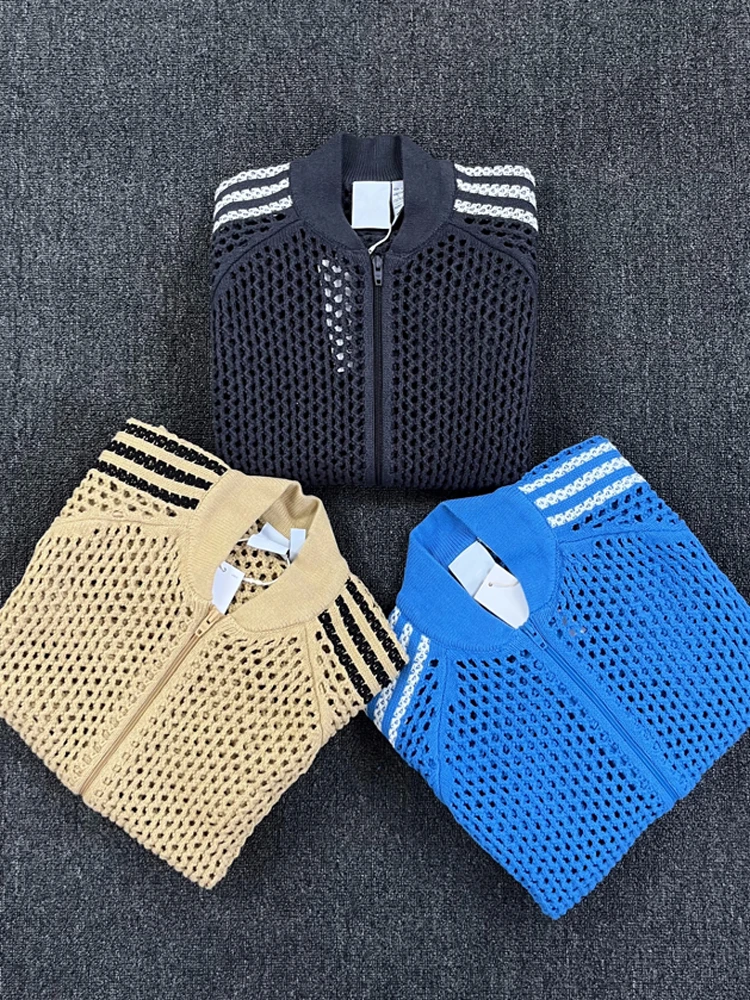 

Trendy Long Sve Knitted Cardigan Hollow out Design Casual Outerwear for Young Men Summer Season Sun Protection Zipper Closure