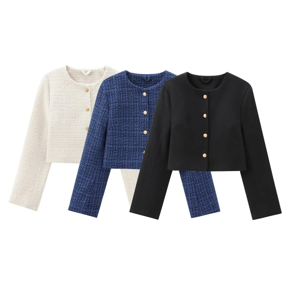 PB&ZA Autumn New Product Fashion Casual Women's Clothing Small Fragrant Round Neck Single Breasted Short Coat