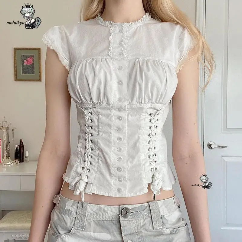 

Women Shirt Victorian Lace Corset Blouse White Cap Sleeve Ruffle Neck Lace Up Slim Fit Shirt Vintage Cottagecore Aesthetic Top