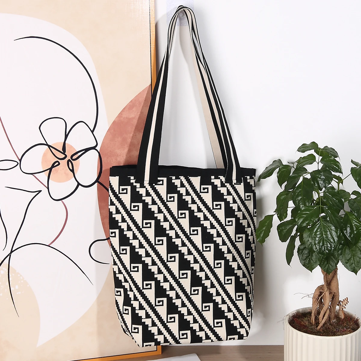 

Handmade Knit Handbag Women Mini Shoulder Bag Female Casual Color Wide Stripe Plaid Tote Bag Student Cell Phone Package